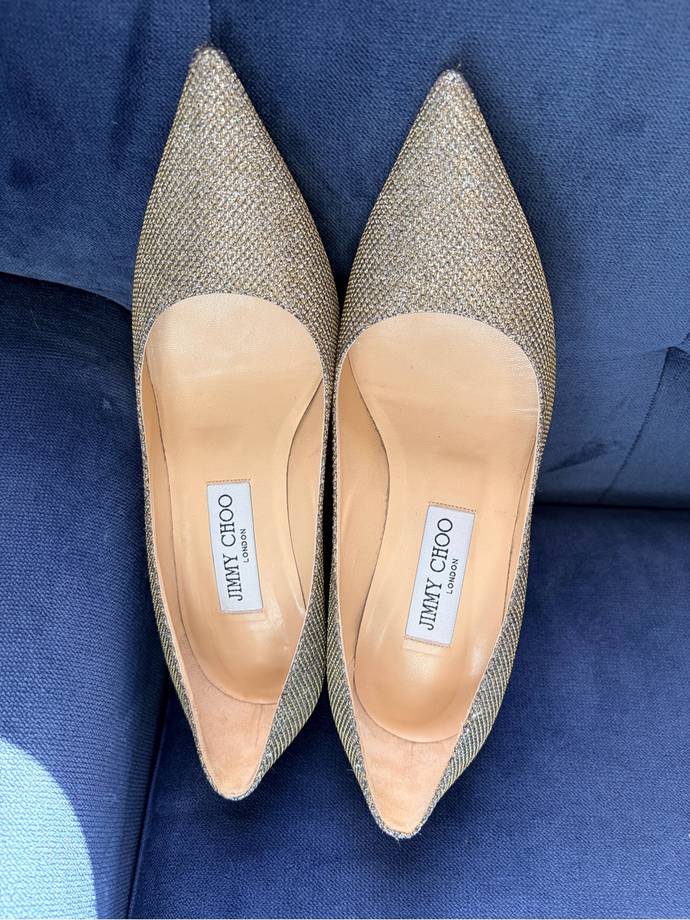 Jimmy Choo Gold Pointed-Toe Pumps with Subtle Sparkle